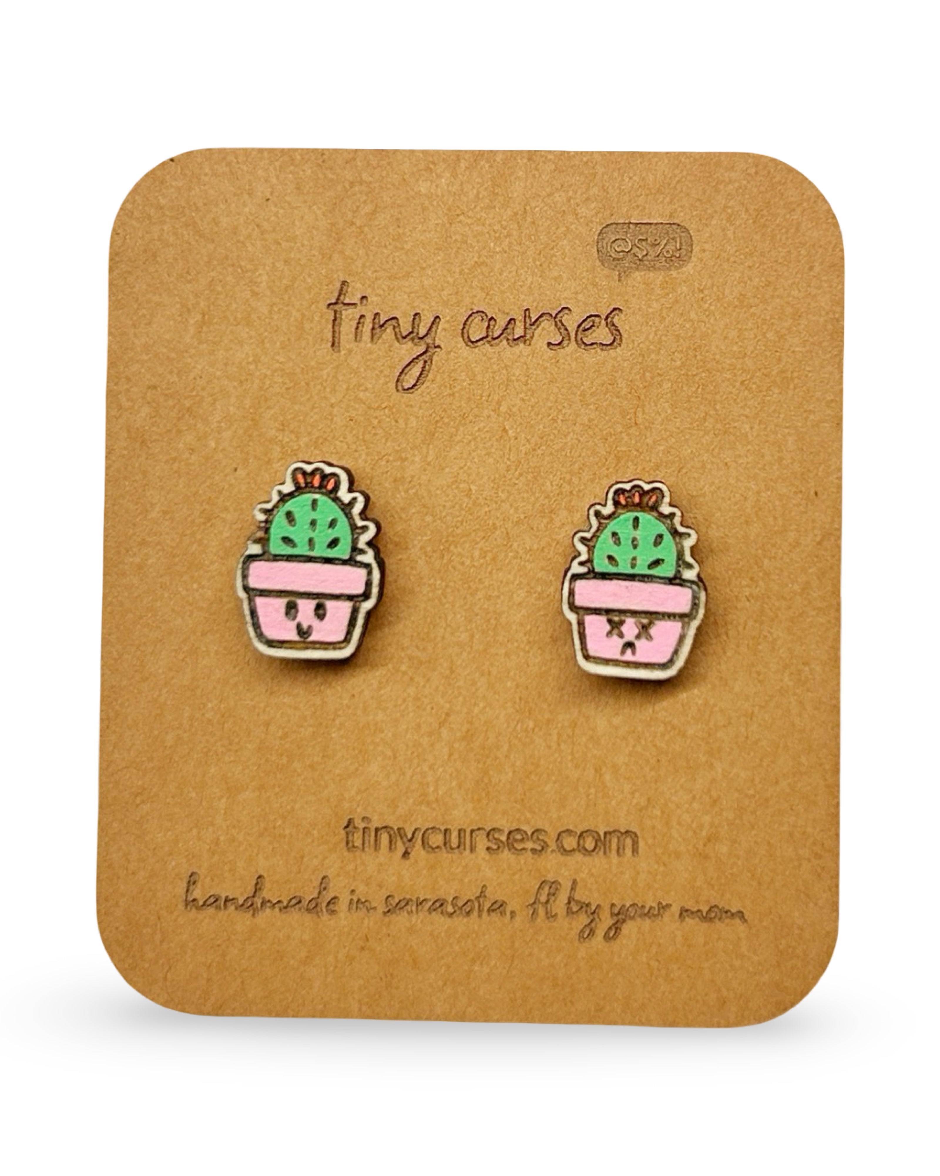 Mini Golden Barrel Cactus Wood Stud Earrings – Dead or Alive Plant Series