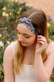 Lilac Market Headband: Courtney Floral on Navy (Non-Slip, Ultra-Soft, 3-in-1 Twist Style)