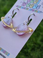 Fuchsia and Gold Galaxy Planet Dangle Earrings