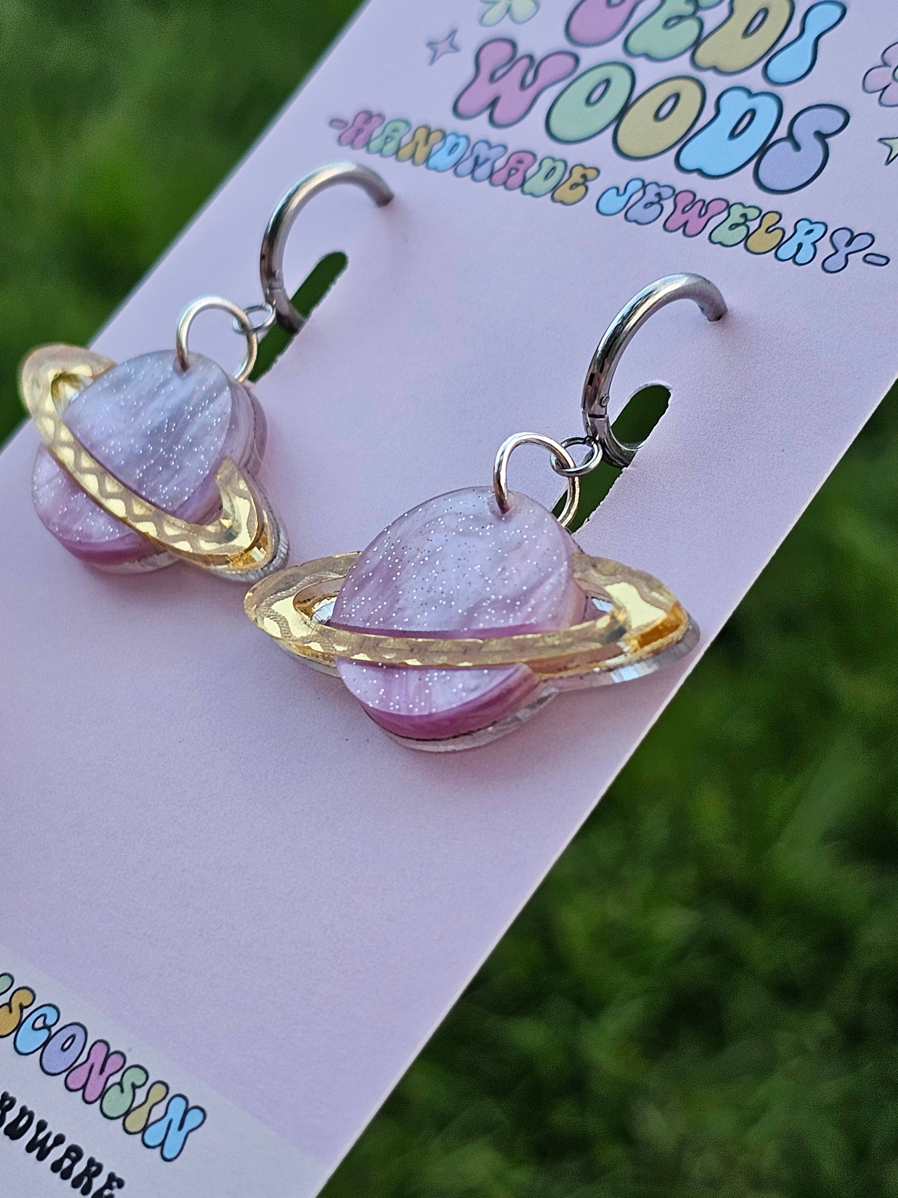 Fuchsia and Gold Galaxy Planet Dangle Earrings