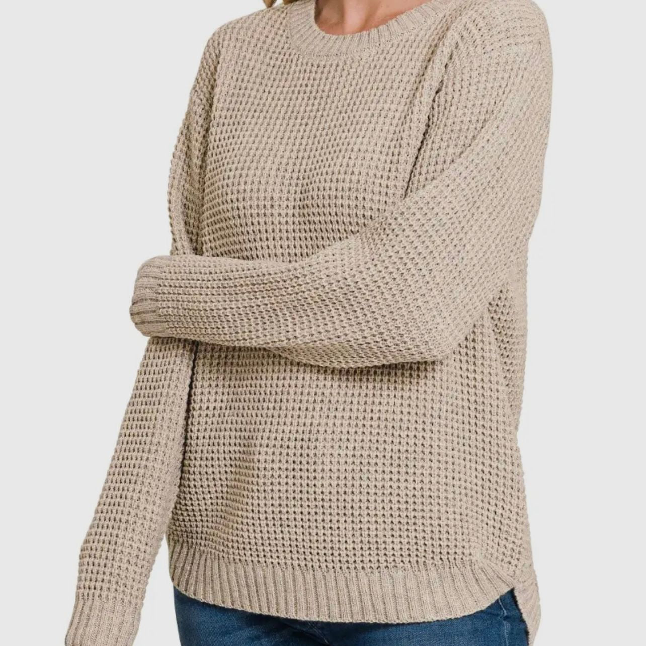 Long Sleeve Round Neck Waffle Sweater