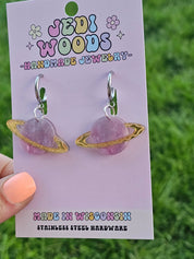Fuchsia and Gold Galaxy Planet Dangle Earrings