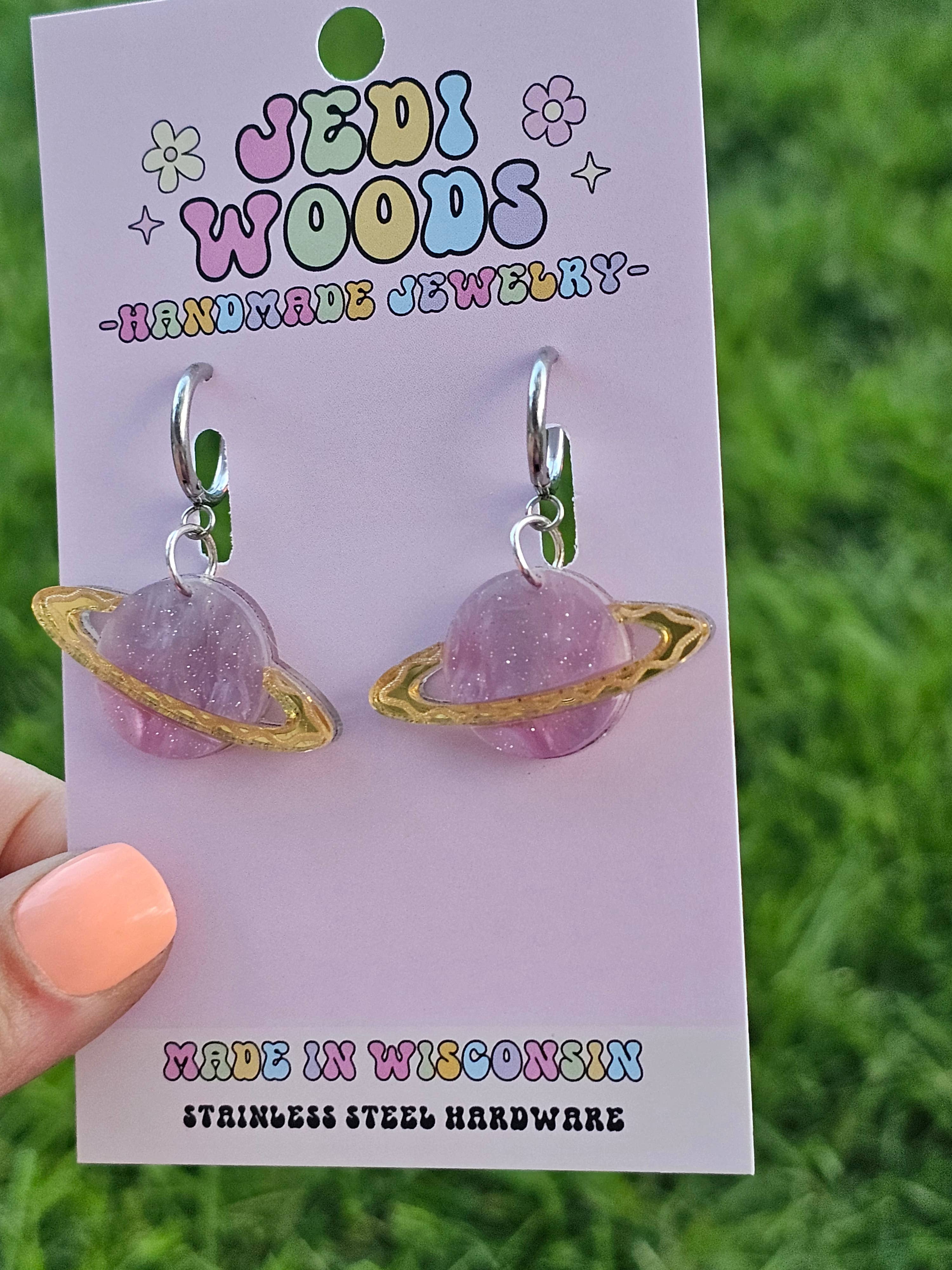 Fuchsia and Gold Galaxy Planet Dangle Earrings