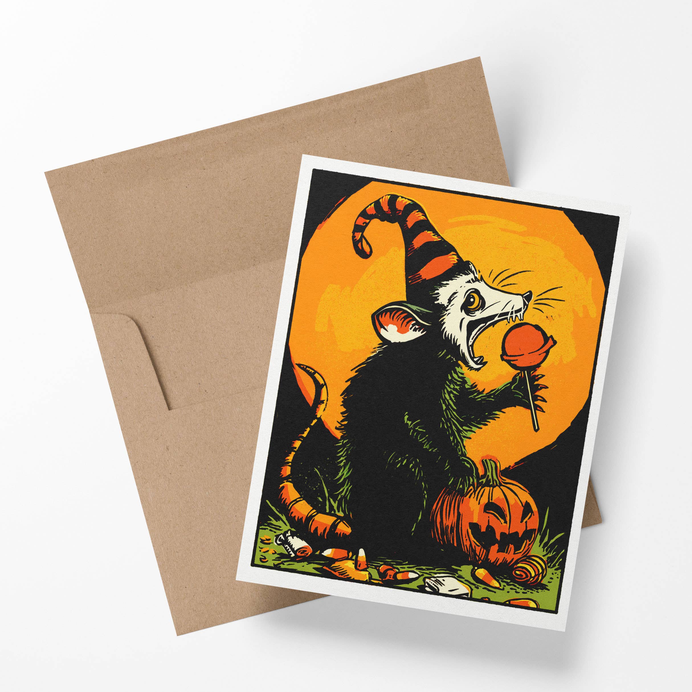 Opossum Party - Retro Halloween Possum and Pumpkin Card