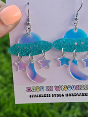 Iridescent Space Ship Dangle Earrings