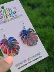 Acrylic Stained Glass Rainbow Monstera Dangle Earrings