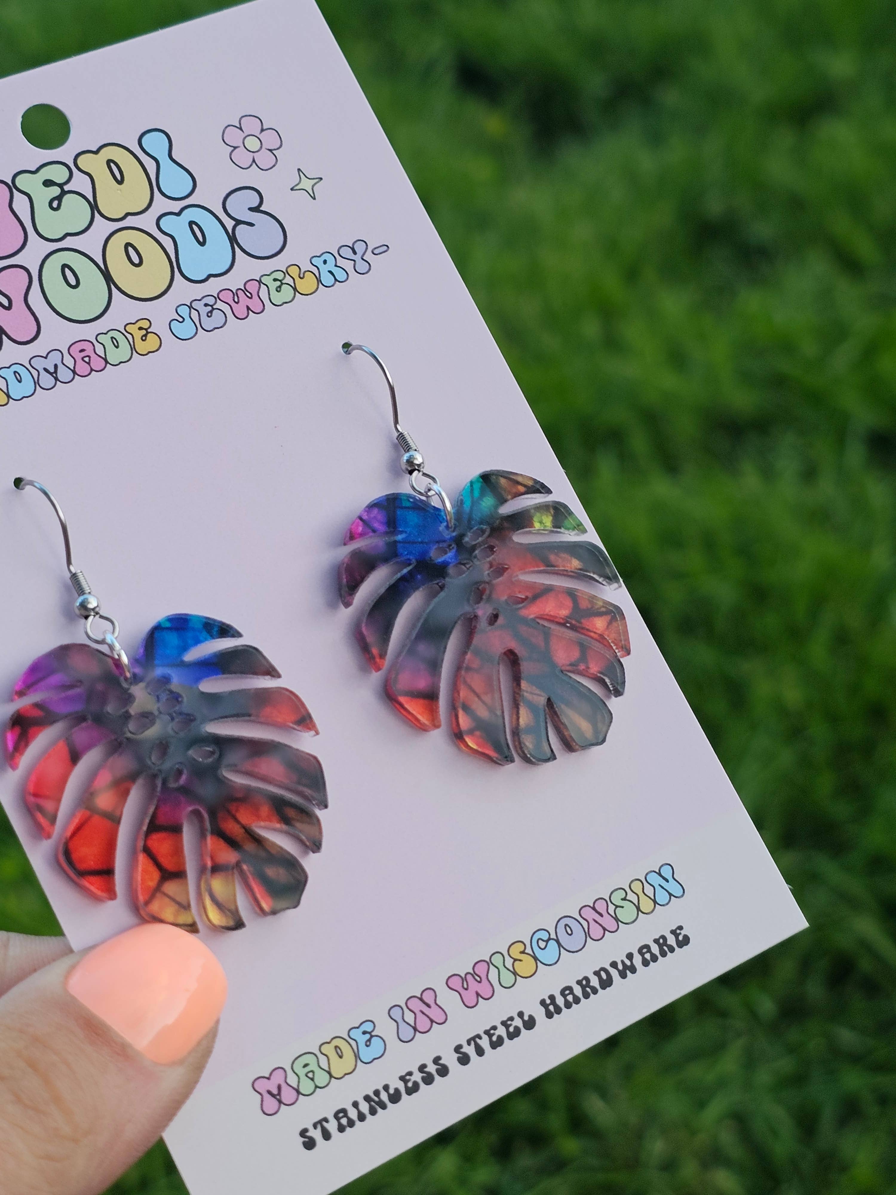 Acrylic Stained Glass Rainbow Monstera Dangle Earrings