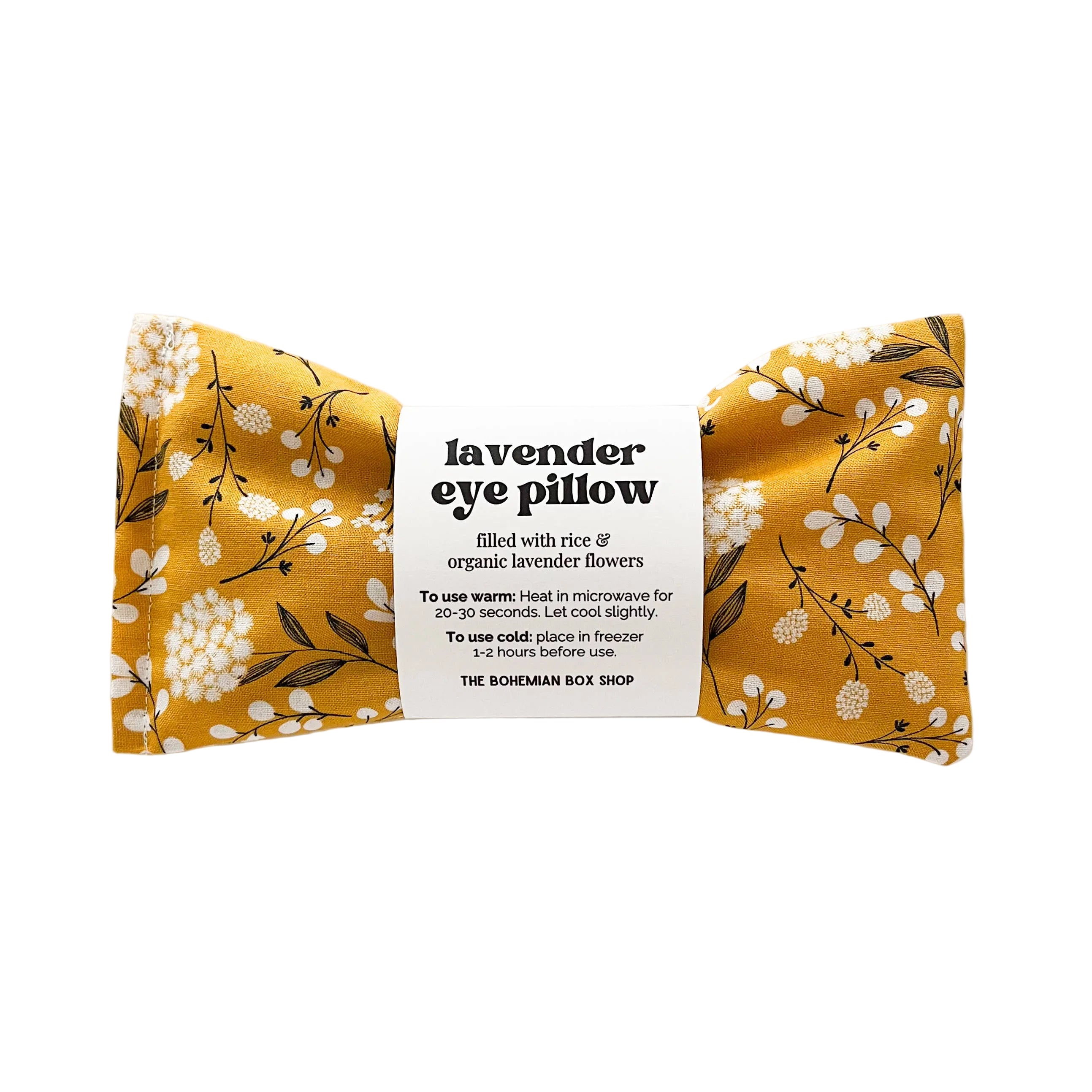 Lavender eye pillow with floral pattern on a white background