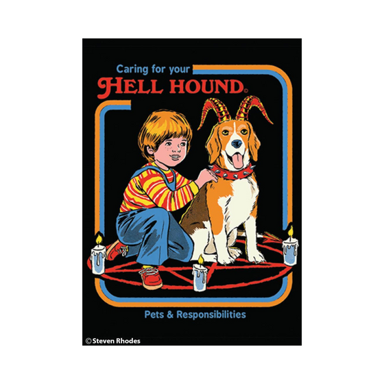 2" x 3" rectangular magnet with image of little boy next to a dog with devil horns on its head that reads "Caring for your Hell Hound."