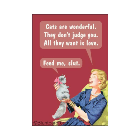 2" x 3" rectangular magnet with image of woman holding a kitten that reads "Cats are wonderful. They don't judge you. All they want is love." Then below that "Feed me, slut."