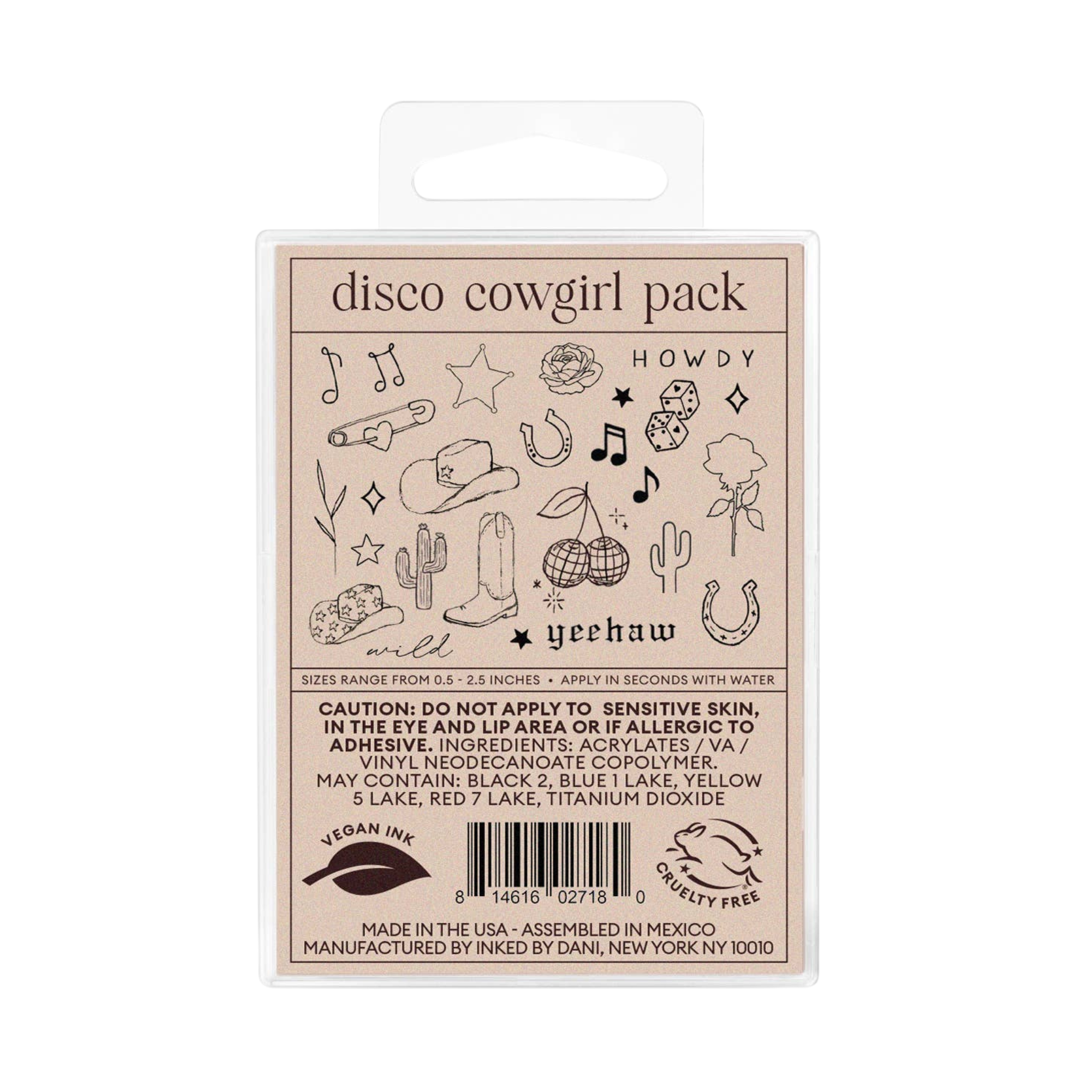 Disco Cowgirl Hand-Drawn Temporary Tattoo Pack