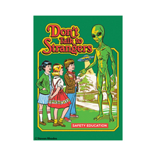  2" x 3" rectangular magnet with three kids talking with an alien that reads "Don't Talk to Strangers. Safety Education." 
