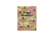 Birthday card with pink floral design on a textured gray background
