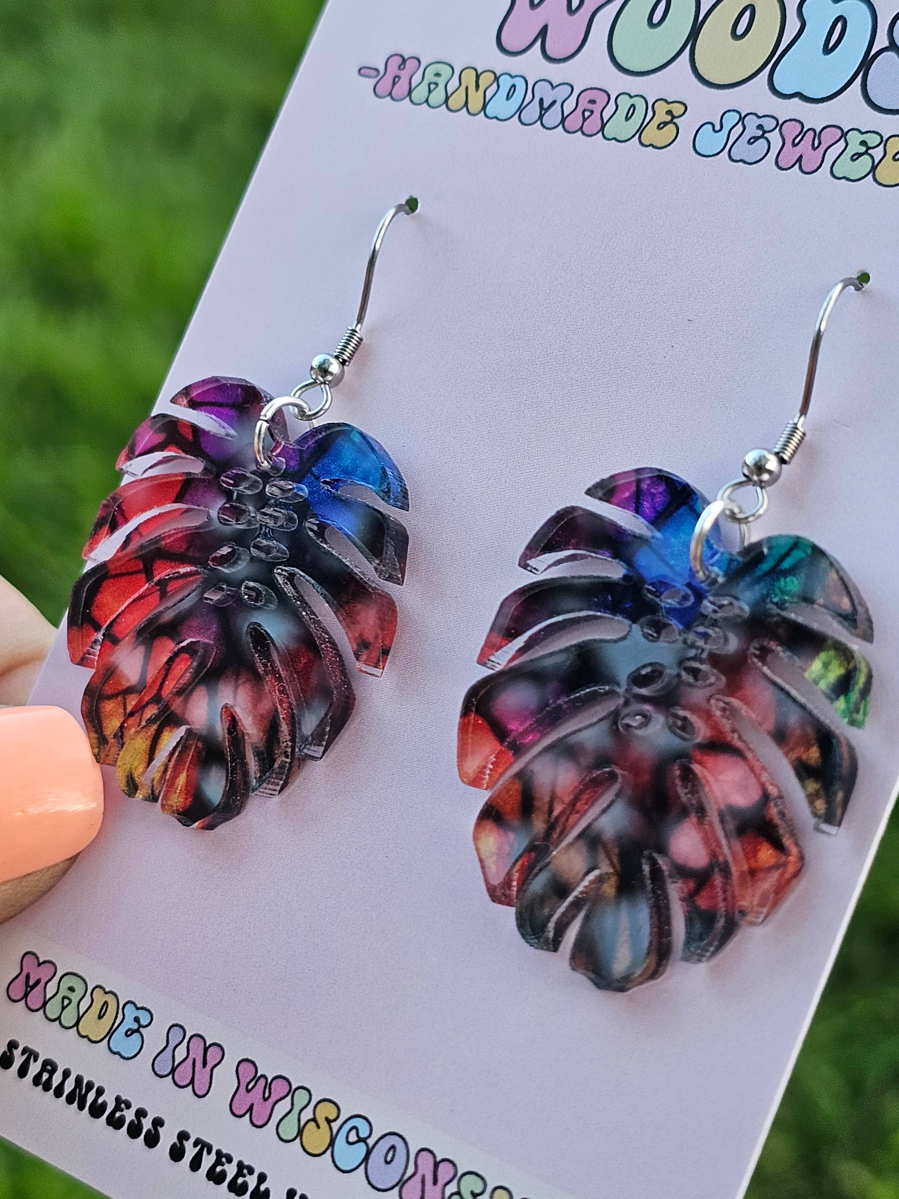 Acrylic Stained Glass Rainbow Monstera Dangle Earrings