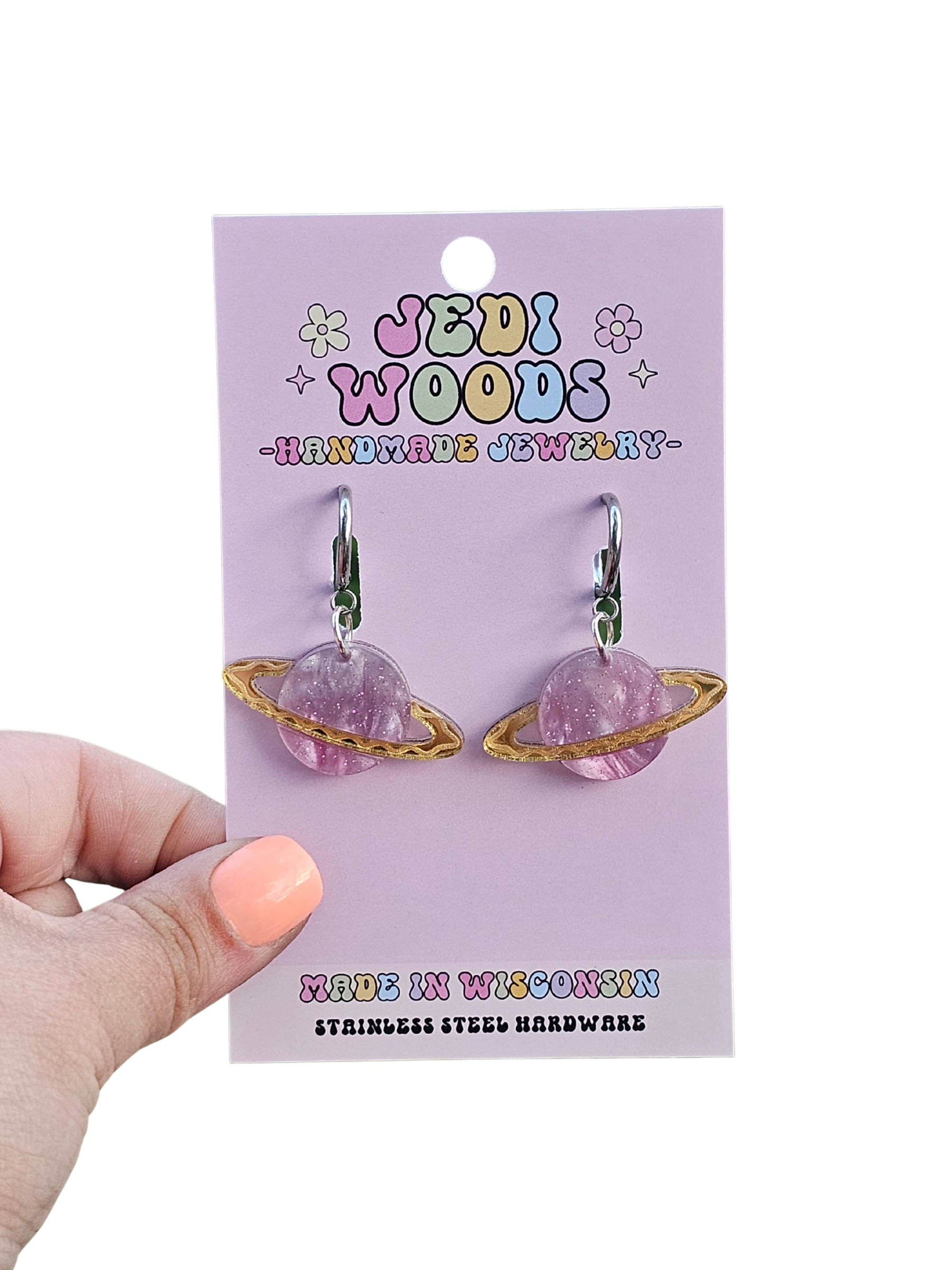 Fuchsia and Gold Galaxy Planet Dangle Earrings