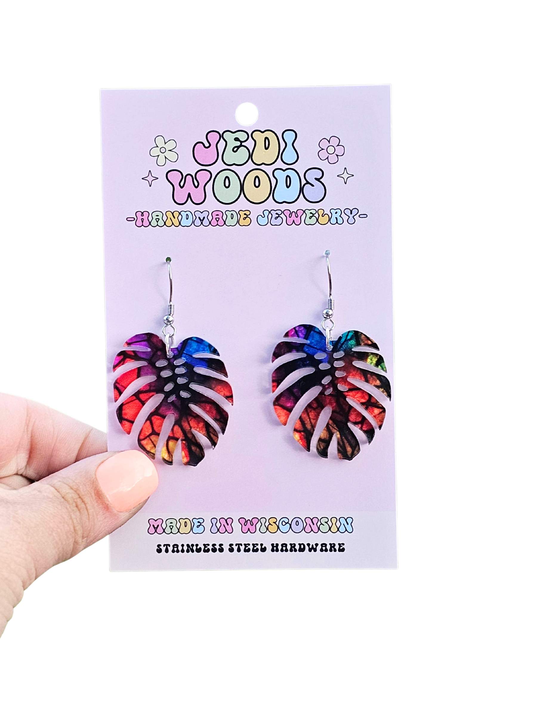 Acrylic Stained Glass Rainbow Monstera Dangle Earrings