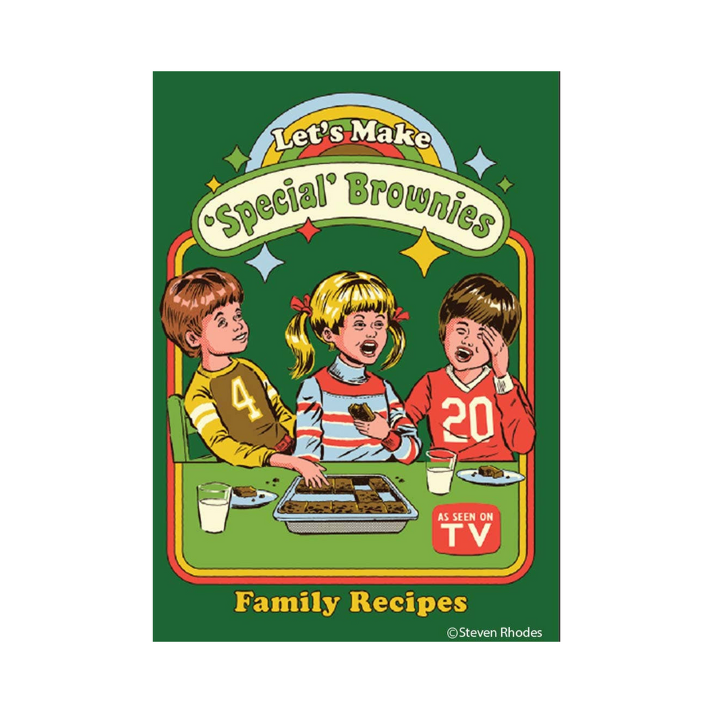 2" x 3" rectangular magnet with three kids eating brownies that reads "Let's Make 'Special' Brownies. Family Recipes."