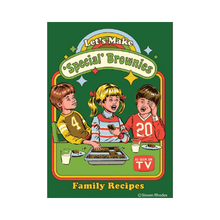  2" x 3" rectangular magnet with three kids eating brownies that reads "Let's Make 'Special' Brownies. Family Recipes."
