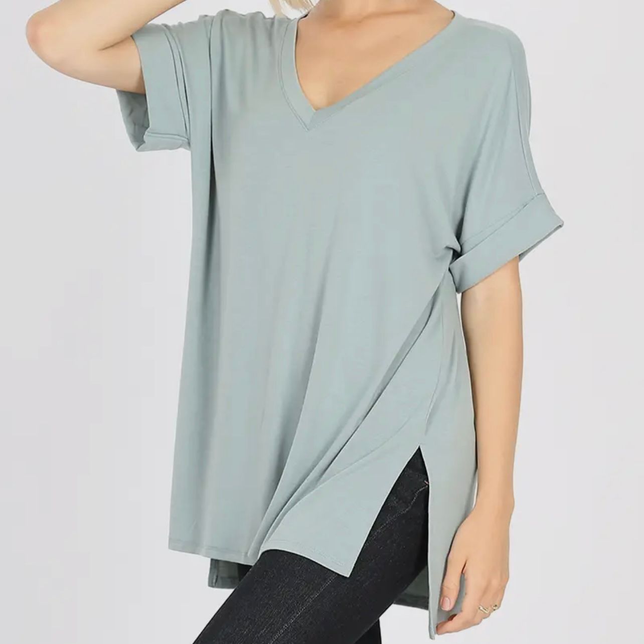 Rolled Sleeve Side Slit Top