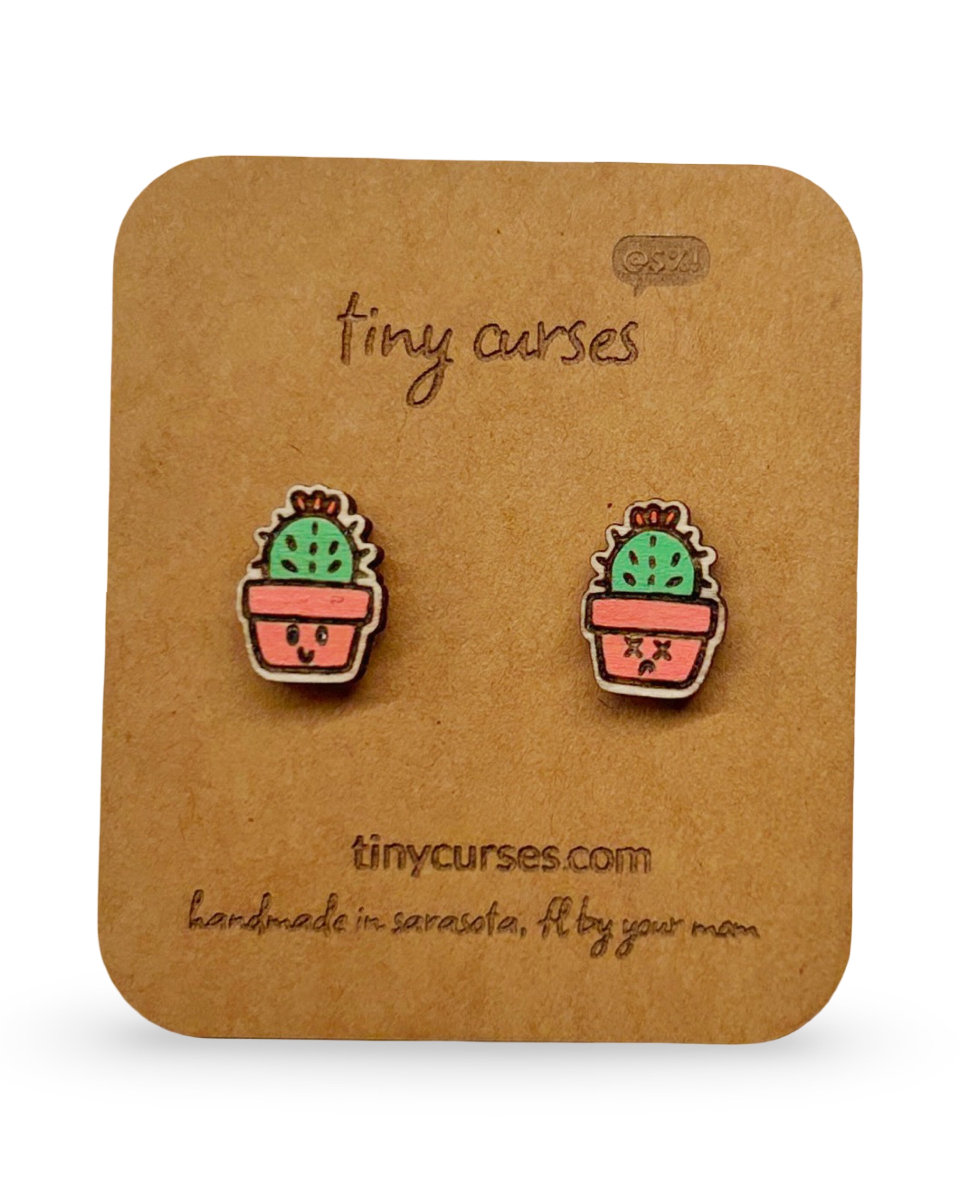 Mini Golden Barrel Cactus Wood Stud Earrings – Dead or Alive Plant Series