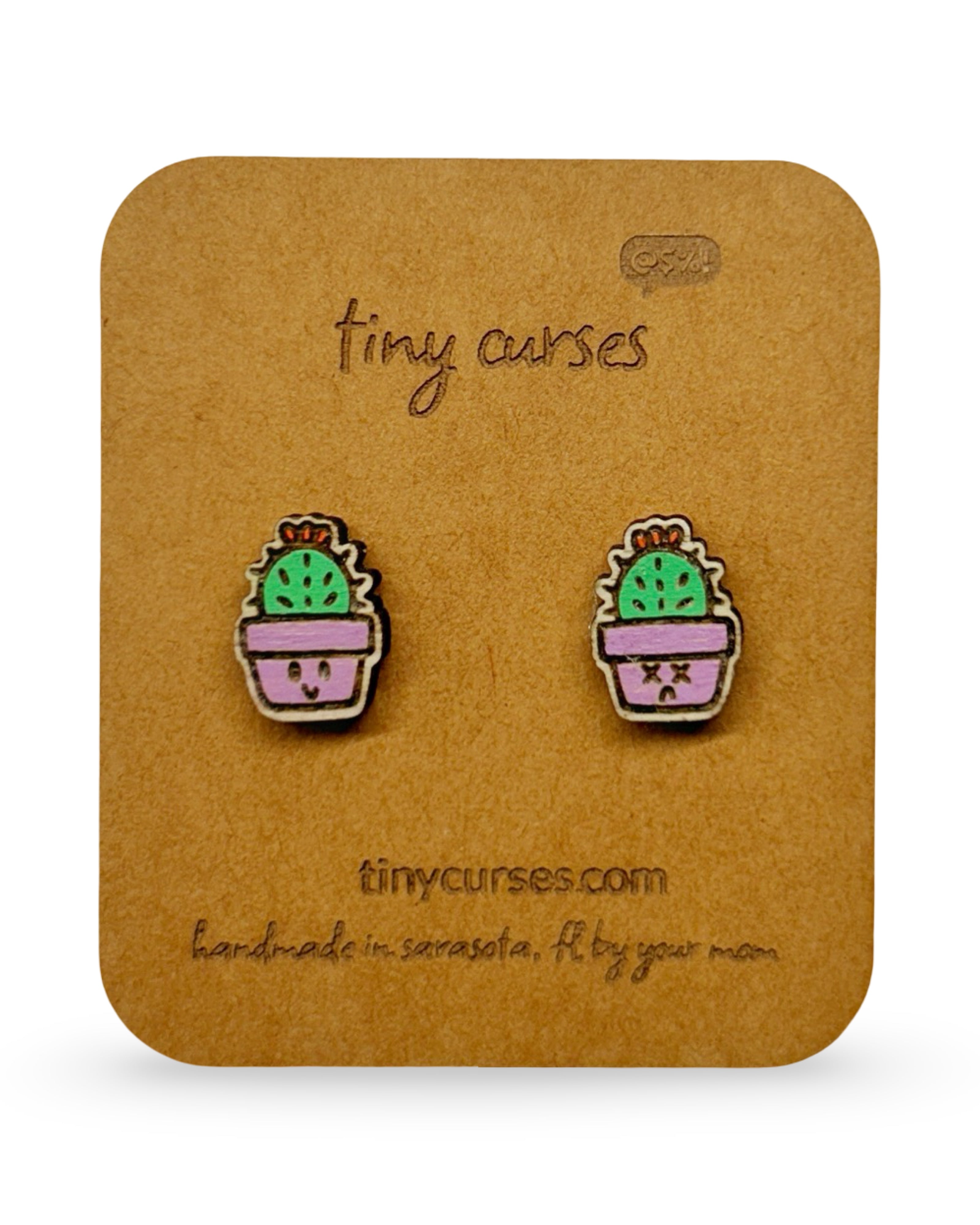 Mini Golden Barrel Cactus Wood Stud Earrings – Dead or Alive Plant Series