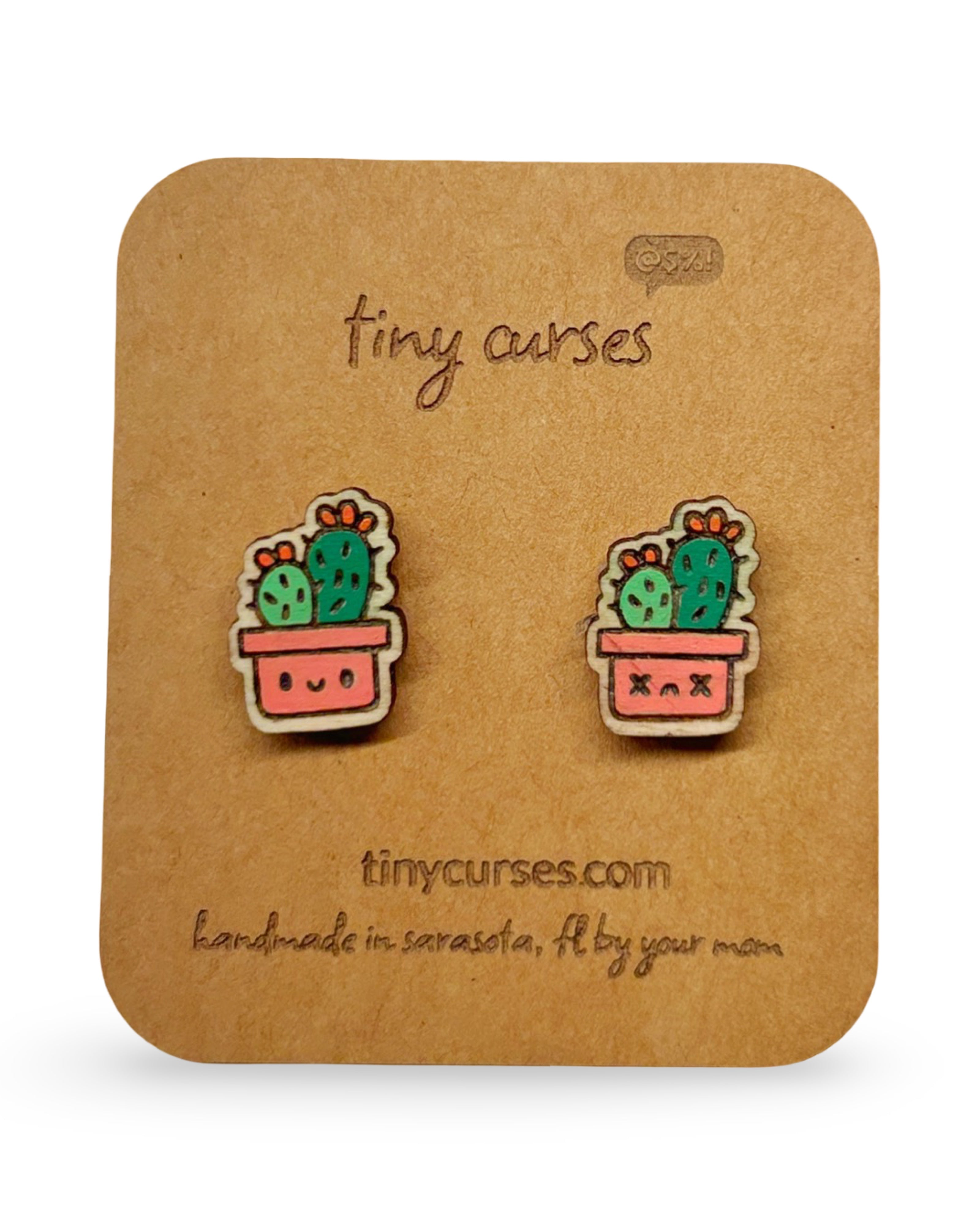 Mini Prickly Pear Cactus Wood Stud Earrings – Dead or Alive Plant Series