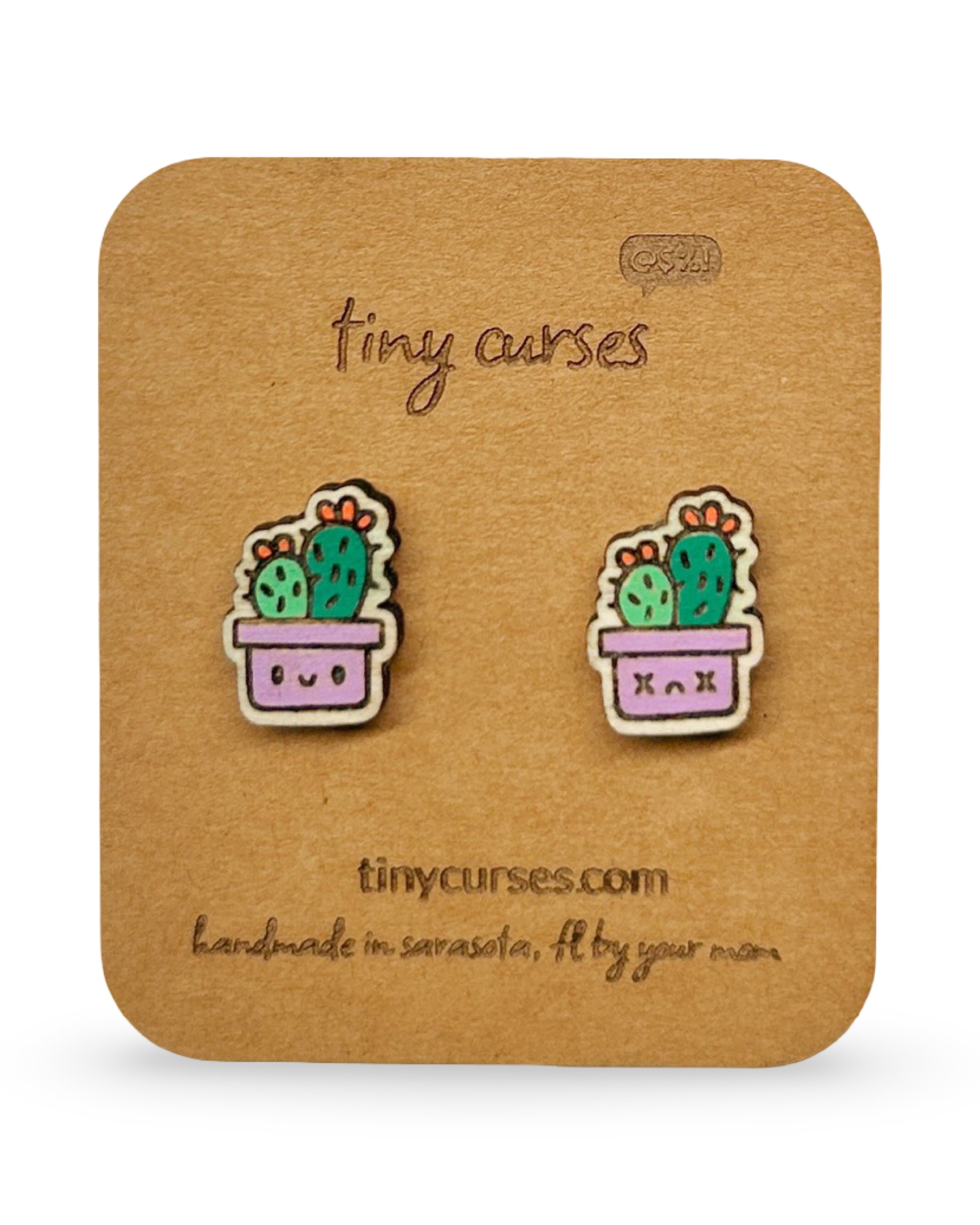 Mini Prickly Pear Cactus Wood Stud Earrings – Dead or Alive Plant Series