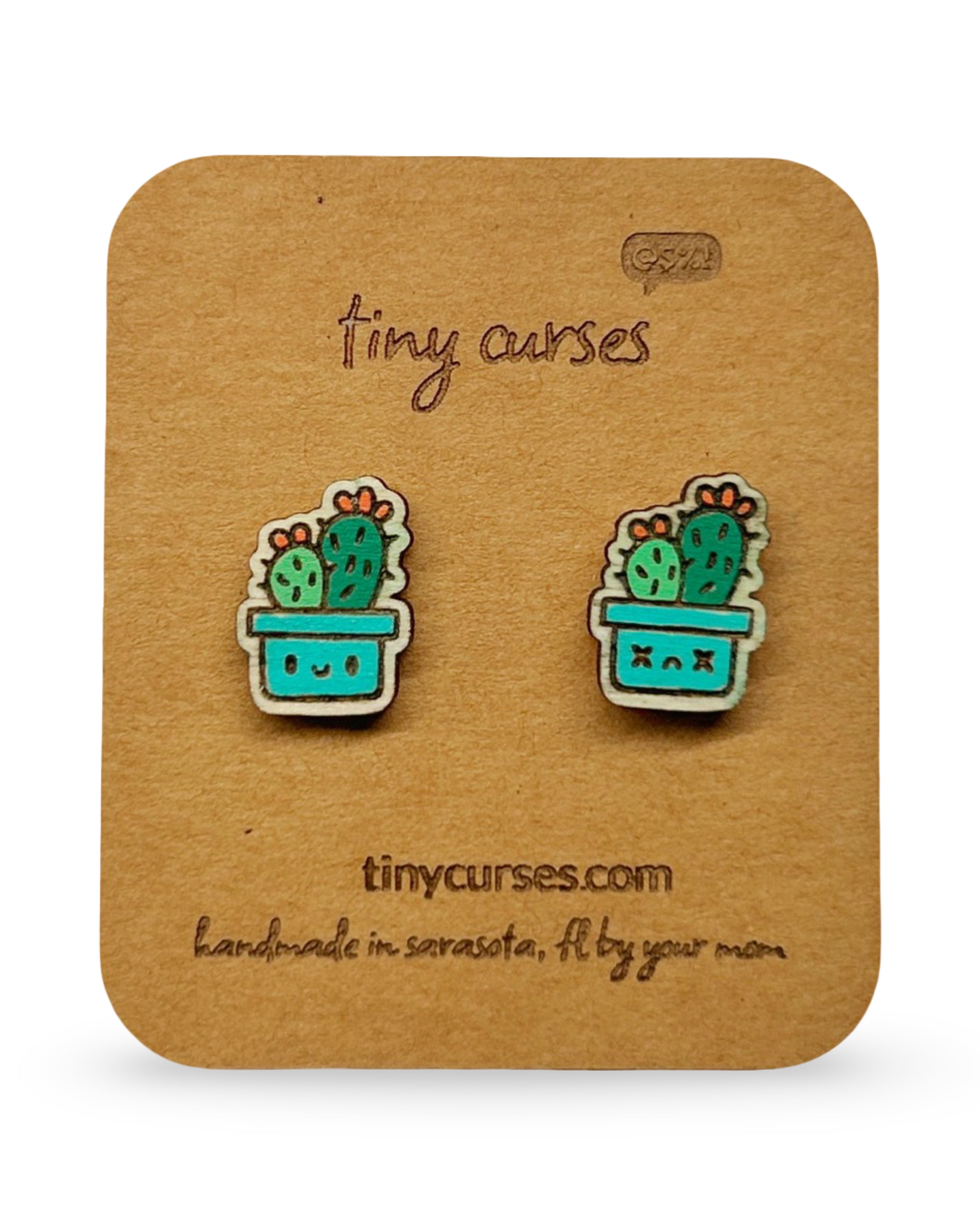Mini Prickly Pear Cactus Wood Stud Earrings – Dead or Alive Plant Series