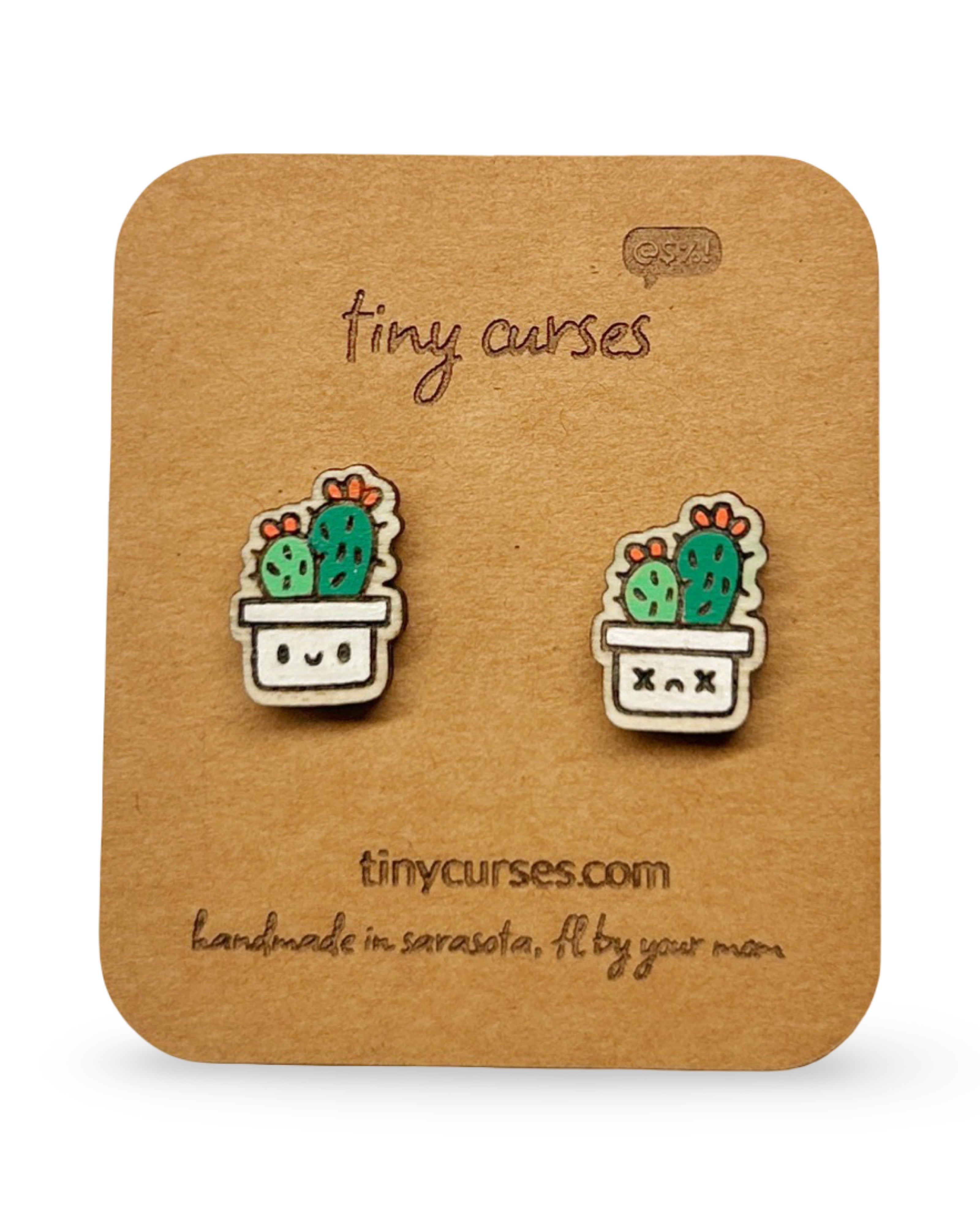 Mini Prickly Pear Cactus Wood Stud Earrings – Dead or Alive Plant Series