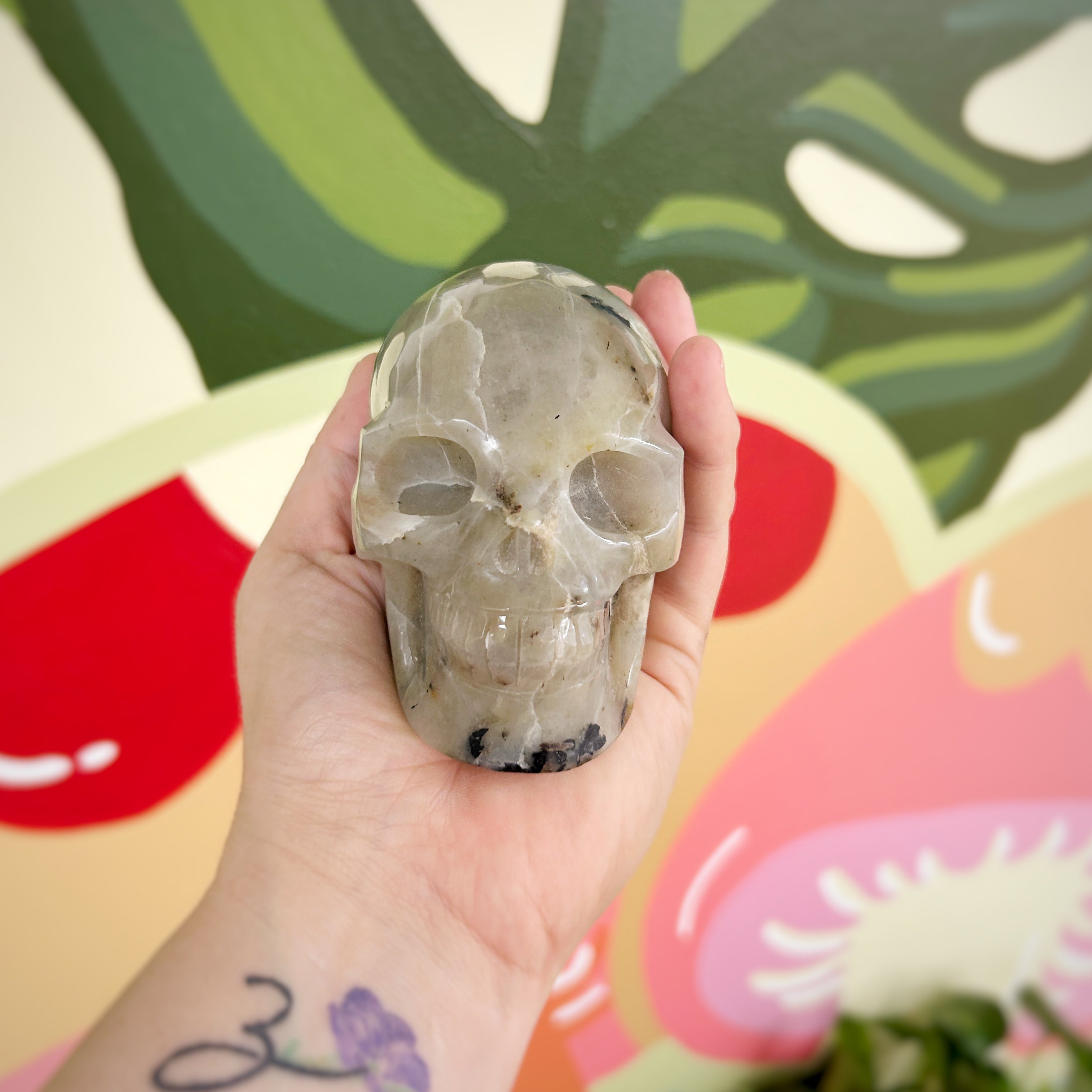 Hand-carved Skull Moonstone With Black Tourmaline