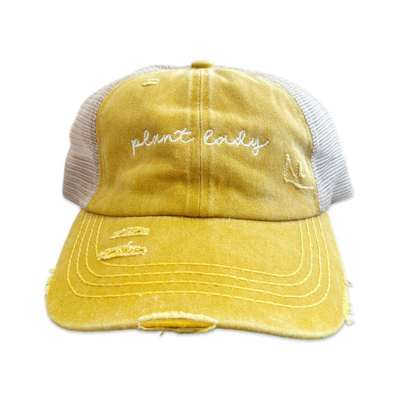 Distressed High Pony Criss Cross Ball Cap 'Plant Lady' in Citrine