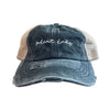 Distressed High Pony Criss Cross Ball Cap 'Plant Lady' in Obsidian