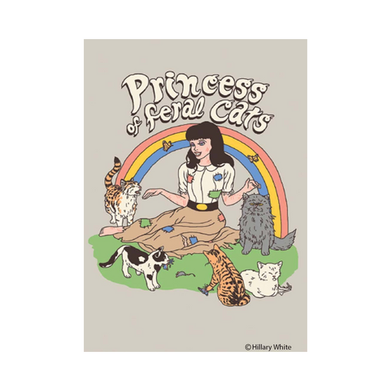 2" x 3" rectangular magnet with girl sitting in field in front of a rainbow and feral cats surrounding her that reads "Princess of feral cats."