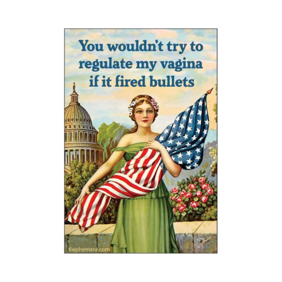 2" x 3" rectangular magnet with woman holding American flag that reads "You wouldn't try to regulate my vagina if it fired bullets."